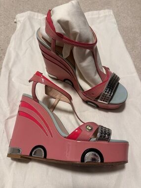kate spade Pink Patent Platform Wedge Sandals with Silver Accents